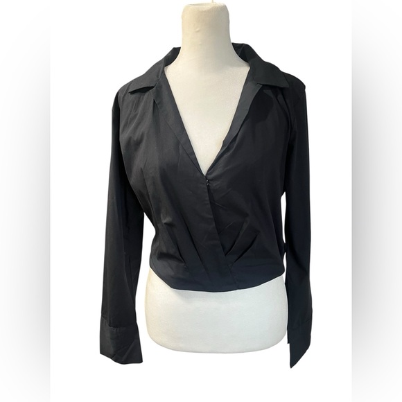 NWT Abercrombie & Fitch Black Collared V-neck Long Sleeve Crop Top - M - Picture 1 of 8